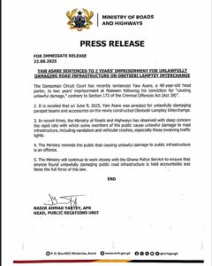 Head Porter Who Damaged the Obetsebi Lamptey Interchange Sentenced to Two Years in Prison