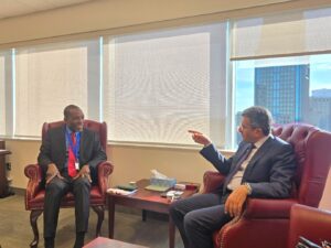 Rev. Stephen Wilfred Arthur (left), Acting Director-General of the Ghana Civil Aviation Authority, in a meeting with Mr. Mohamed bin Al-Hajri, Director-General of the Qatar Civil Aviation Authority, during the ICAO General Assembly in Montréal, Canada.