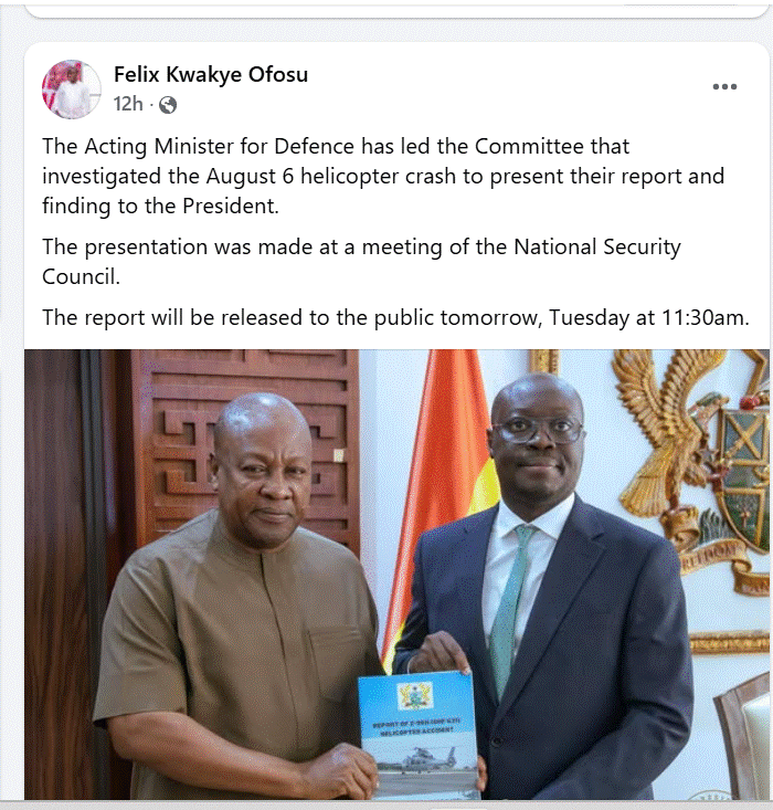 Helicopter Crash Probe Report Goes Public Today, Says Kwakye Ofosu
