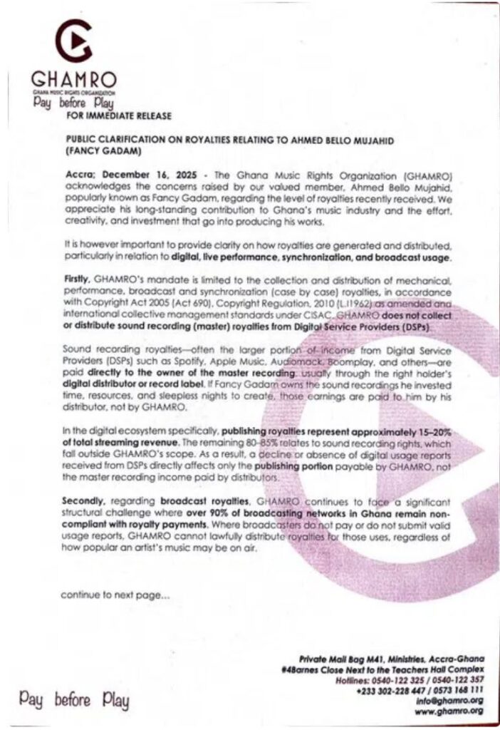 GHAMRO Clarifies GH¢123 Royalty Payment to Fancy Gadam