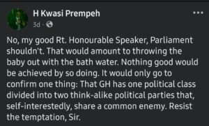 Prof. Prempeh's reaction on Facebook
