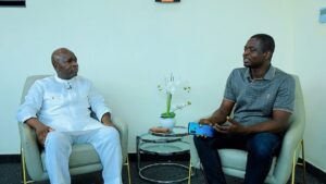 Alhaji Seidu Agongo in white with the assaulted CMG journalist Samuel Addo seated by him