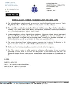 Ghana Police Service Arrest tiktoker "Duabo King" Over False Claims in Kumasi