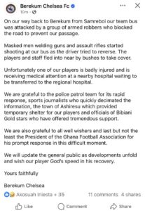 statement issued by the club after the attack